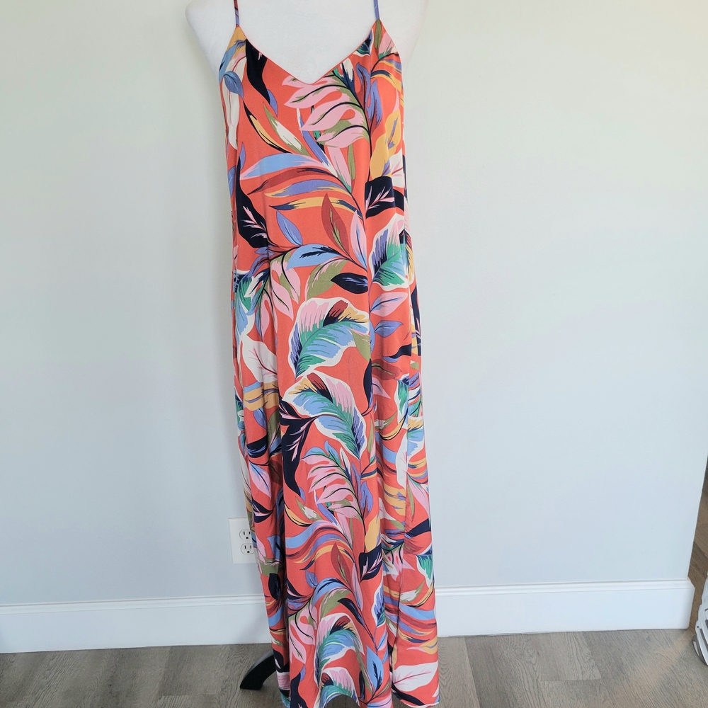Nicole Miller Satin Multicolor Floral Pockets Straps Beach Maxi Dress Sz Large - Picture 2 of 13